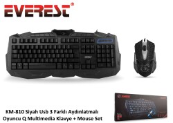 Everest KM-810 Siyah Q Usb Kablolu Multimedya Gaming Klavye Mouse Set 3 Farklı Aydınlatmalı - EVEREST