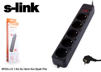 S-LINK SPG3-J-5 5li Siyah 1.5mt 306Joule Akım Koruyuculu Priz - 1